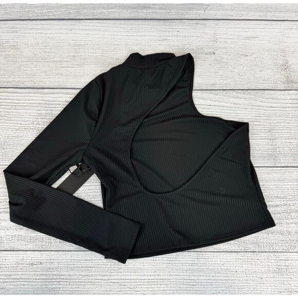 H:ours Women's Black Ribbed Mock Neck One Sleeve Cut Out Top Size Medium - Picture 6 of 7